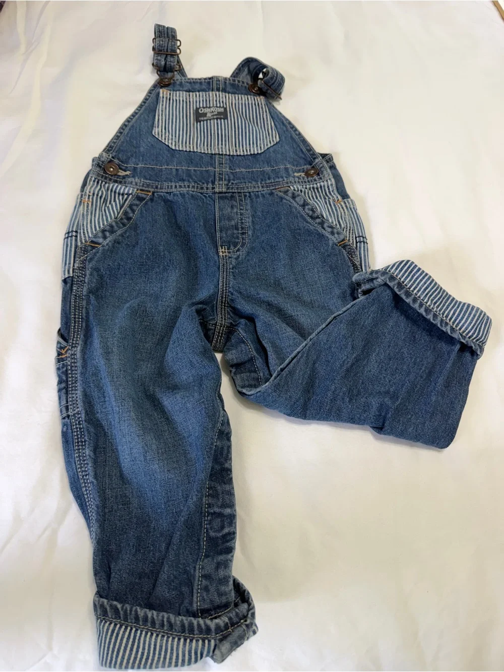 OshKosh B’gosh Toddler 24 Months Hickory Stripe Denim Overalls railroad